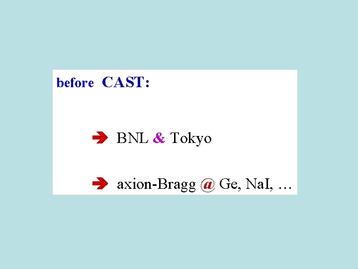 before CAST: BNL & Tokyo axion-Bragg @ Ge, Na. I, … 