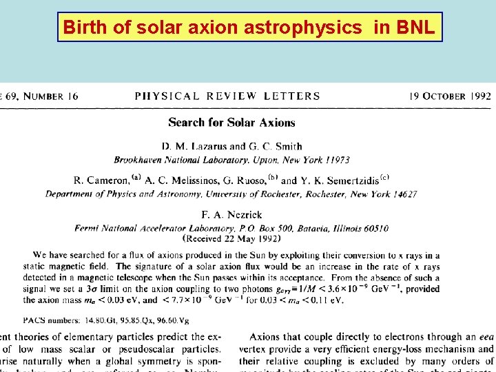 Birth of solar axion astrophysics in BNL 