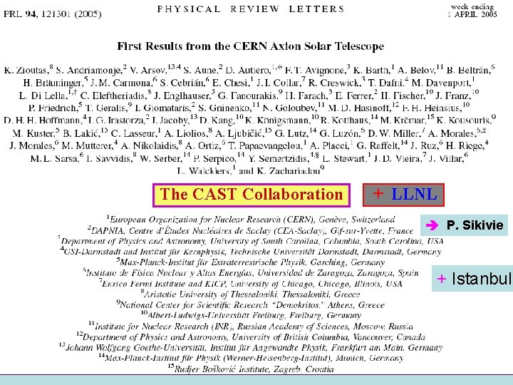 The CAST Collaboration + LLNL P. Sikivie + Istanbul 