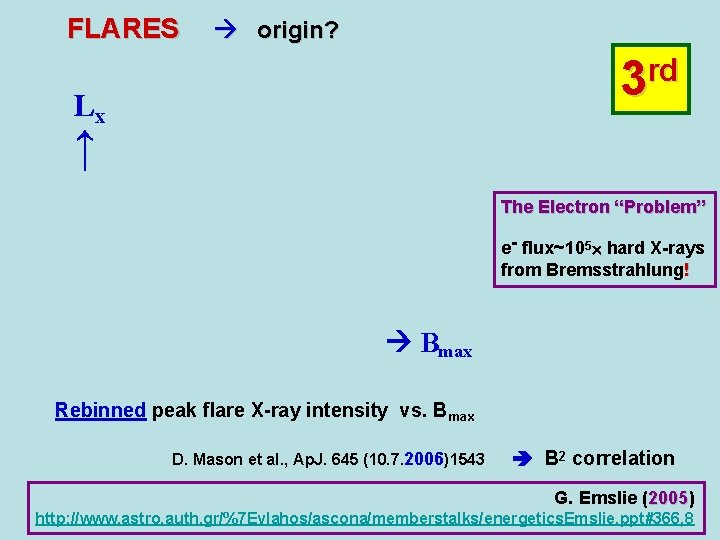 FLARES origin? 3 rd Lx ↑ The Electron “Problem” e- flux~105 hard X-rays from