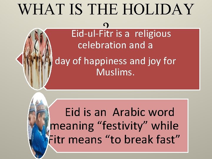 WHAT IS THE HOLIDAY ? is a religious Eid-ul-Fitr celebration and a day of