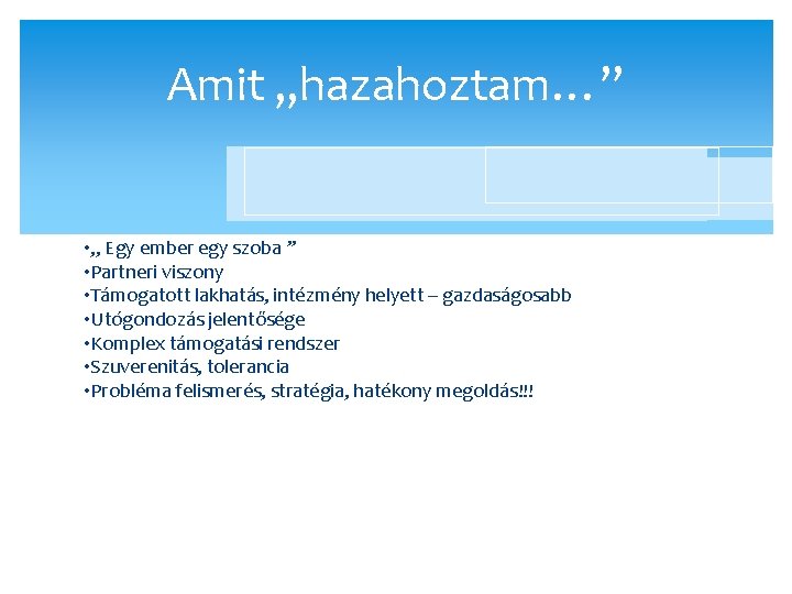 Amit „hazahoztam…” • „ Egy ember egy szoba ” • Partneri viszony • Támogatott