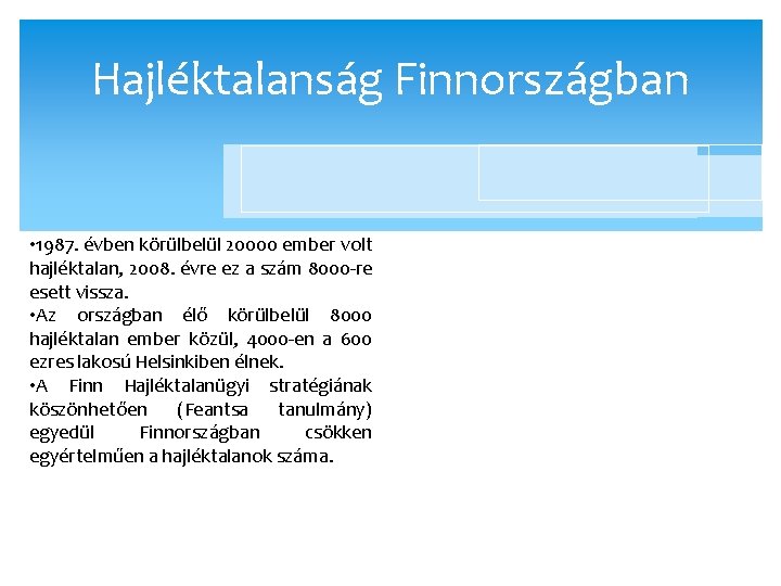 Hajléktalanság Finnországban • 1987. évben körülbelül 20000 ember volt hajléktalan, 2008. évre ez a