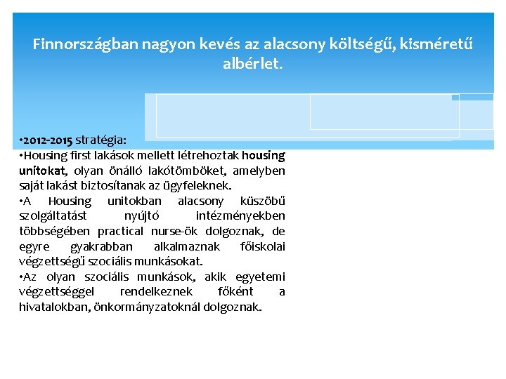 Finnországban nagyon kevés az alacsony költségű, kisméretű albérlet. • 2012 -2015 stratégia: • Housing