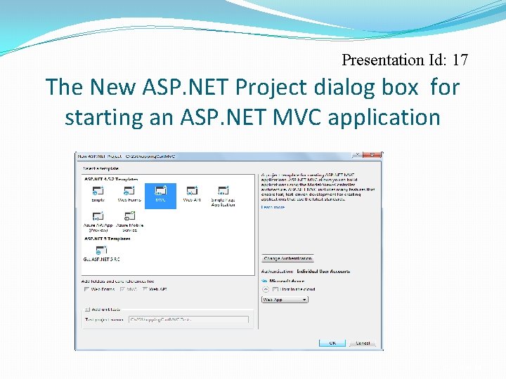Presentation Id: 17 The New ASP. NET Project dialog box for starting an ASP.