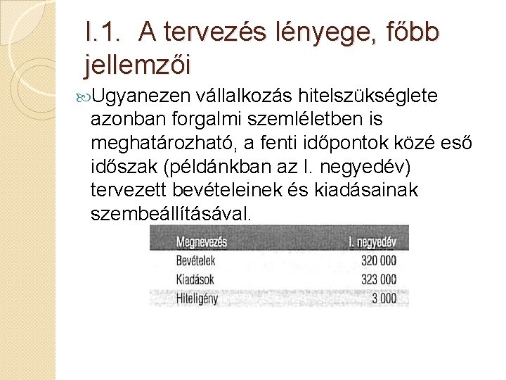 I. 1. A tervezés lényege, főbb jellemzői Ugyanezen vállalkozás hitelszükséglete azonban forgalmi szemléletben is