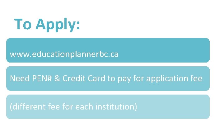 To Apply: www. educationplannerbc. ca Need PEN# & Credit Card to pay for application