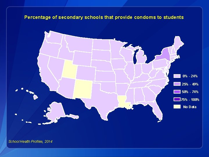 Percentage of secondary schools that provide condoms to students 0% - 24% 25% -