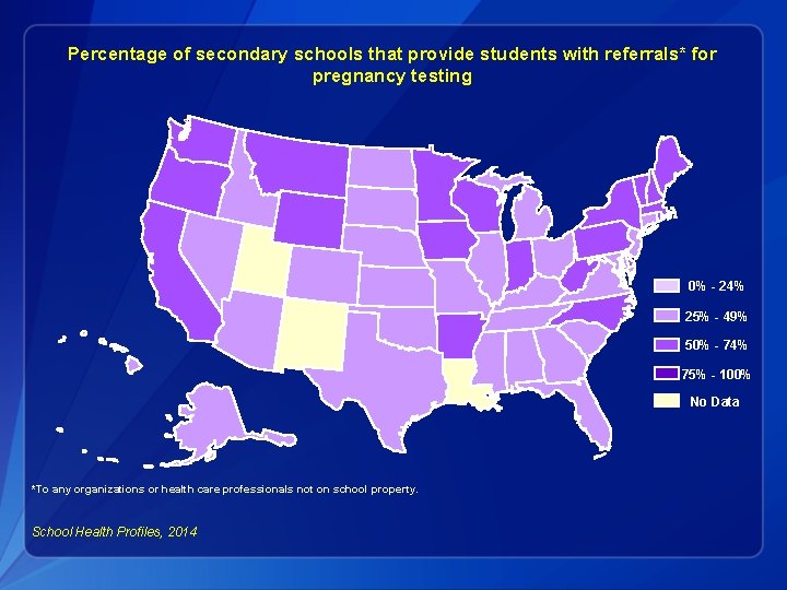 Percentage of secondary schools that provide students with referrals* for pregnancy testing 0% -