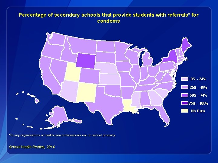 Percentage of secondary schools that provide students with referrals* for condoms 0% - 24%