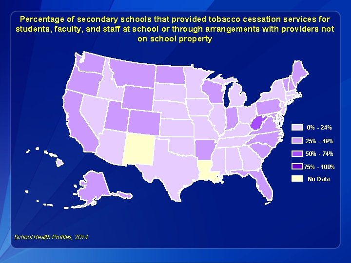 Percentage of secondary schools that provided tobacco cessation services for students, faculty, and staff