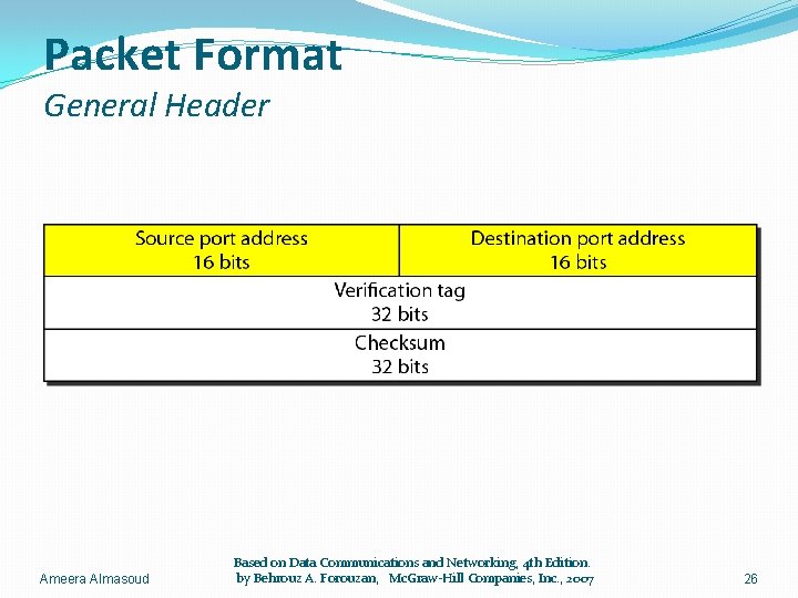 Packet Format General Header Ameera Almasoud Based on Data Communications and Networking, 4 th