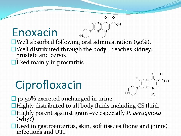 Enoxacin �Well absorbed following oral administration (90%). �Well distributed through the body… reaches kidney,