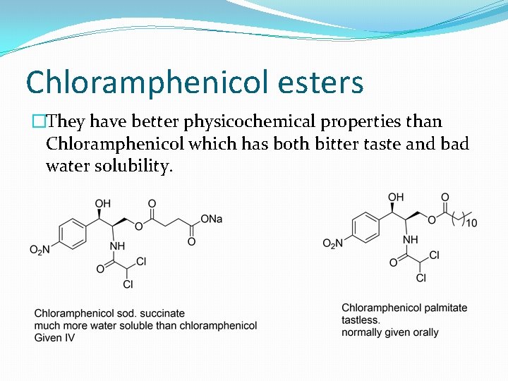 Chloramphenicol esters �They have better physicochemical properties than Chloramphenicol which has both bitter taste
