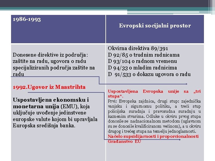 1986 -1993 Evropski socijalni prostor Donesene direktive iz područja: zaštite na radu, ugovora o