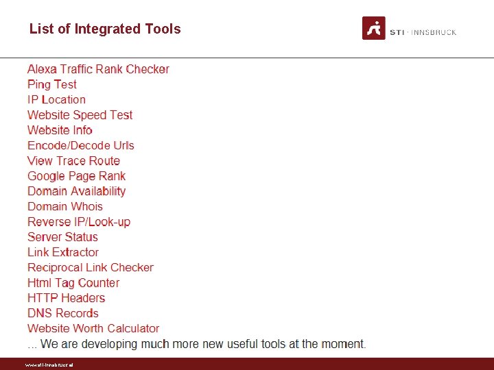 List of Integrated Tools www. sti-innsbruck. at 