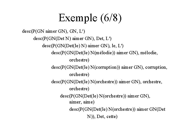 Exemple (6/8) desc(P(GN aimer GN), GN, L') desc(P(GN(Det N) aimer GN), Det, L') desc(P(GN(Det(le)