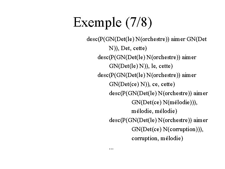 Exemple (7/8) desc(P(GN(Det(le) N(orchestre)) aimer GN(Det N)), Det, cette) desc(P(GN(Det(le) N(orchestre)) aimer GN(Det(le) N)),
