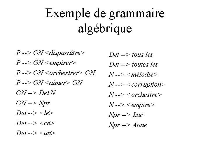 Exemple de grammaire algébrique P --> GN <disparaître> P --> GN <empirer> P -->