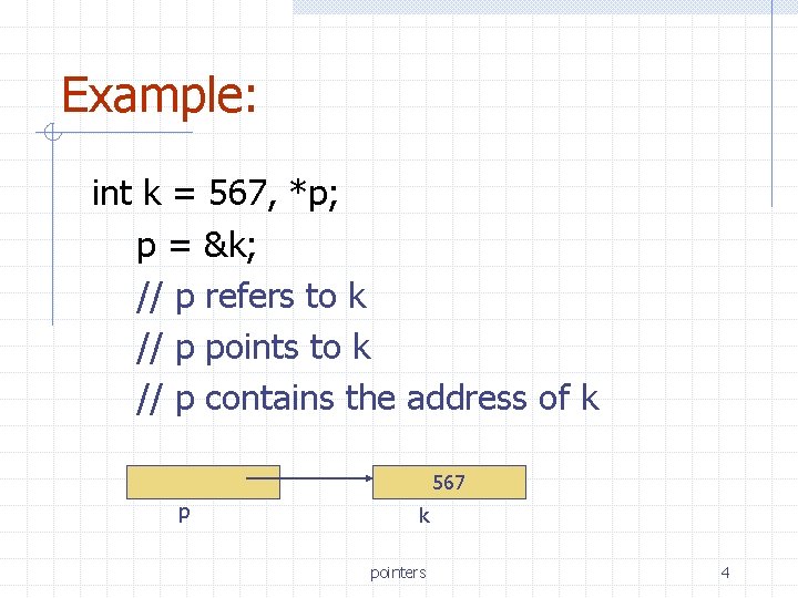 Example: int k = 567, *p; p = &k; // p refers to k