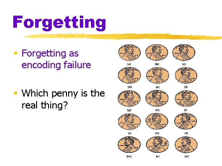 Forgetting § Forgetting as encoding failure § Which penny is the real thing? 