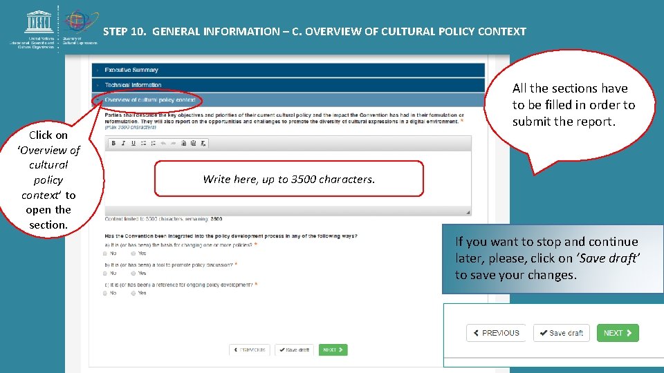 STEP 10. GENERAL INFORMATION – C. OVERVIEW OF CULTURAL POLICY CONTEXT Click on ‘Overview