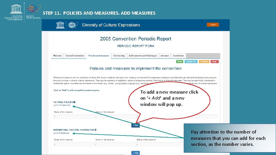 STEP 11. POLICIES AND MEASURES. ADD MEASURES To add a new measure click on