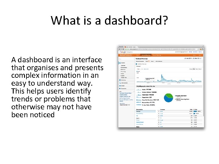 What is a dashboard? A dashboard is an interface that organises and presents complex