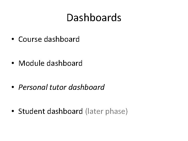 Dashboards • Course dashboard • Module dashboard • Personal tutor dashboard • Student dashboard