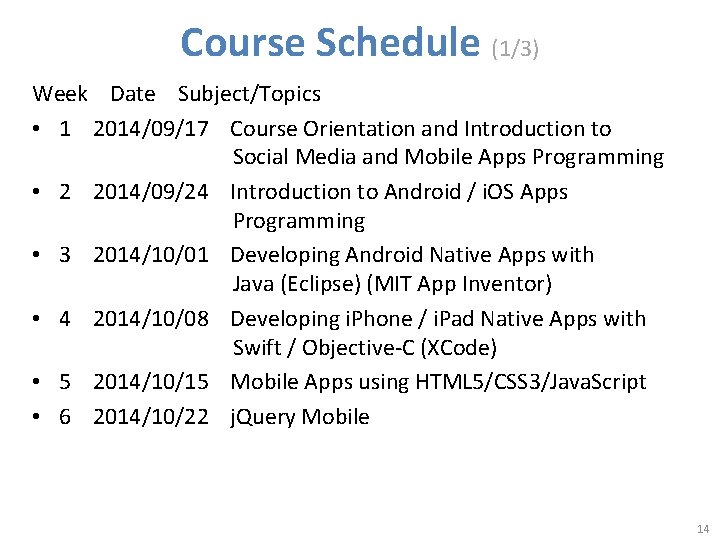 Course Schedule (1/3) Week Date Subject/Topics • 1 2014/09/17 Course Orientation and Introduction to