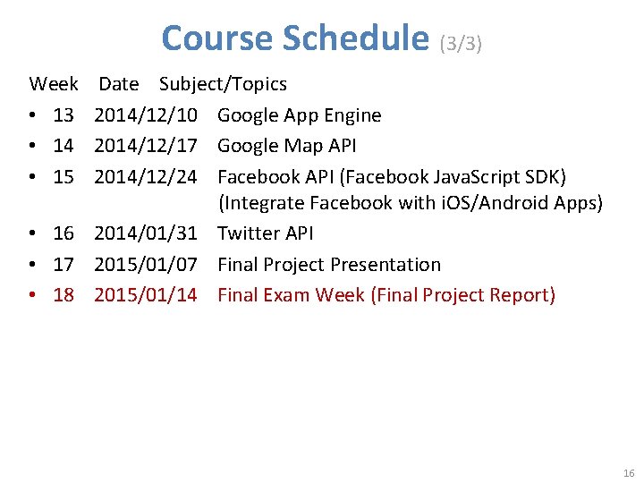 Course Schedule (3/3) Week • 13 • 14 • 15 Date Subject/Topics 2014/12/10 Google