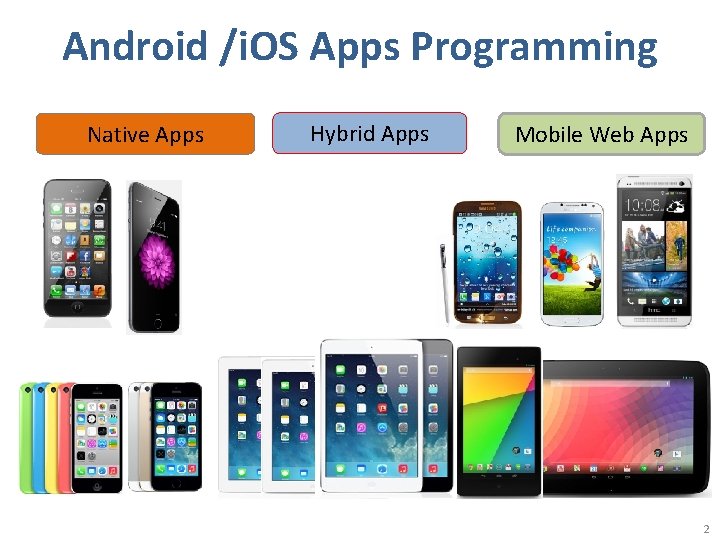 Android /i. OS Apps Programming Native Apps Hybrid Apps Mobile Web Apps 2 