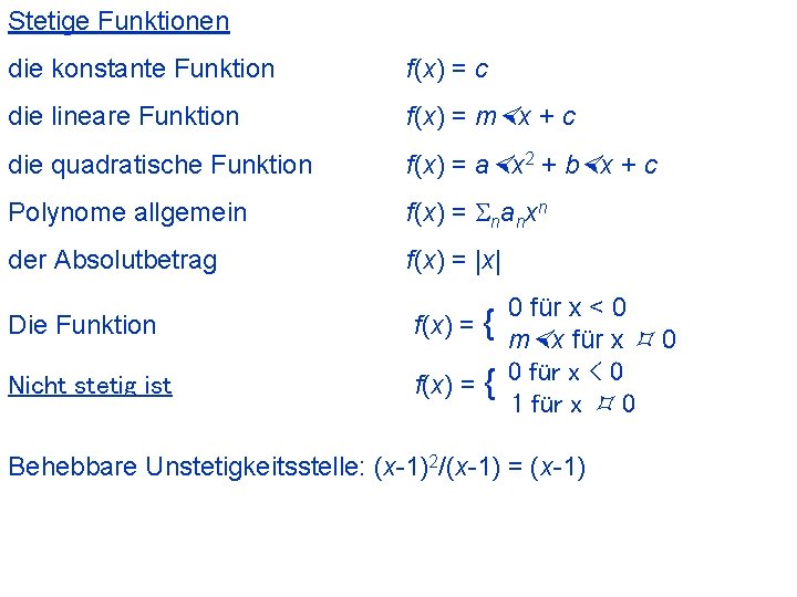 Stetige Funktionen die konstante Funktion f(x) = c die lineare Funktion f(x) = m