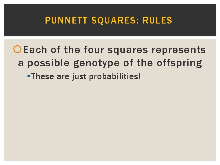 PUNNETT SQUARES: RULES Each of the four squares represents a possible genotype of the