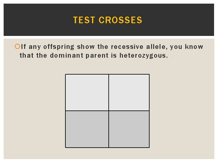 TEST CROSSES If any offspring show the recessive allele, you know that the dominant