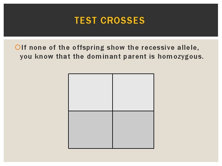 TEST CROSSES If none of the offspring show the recessive allele, you know that