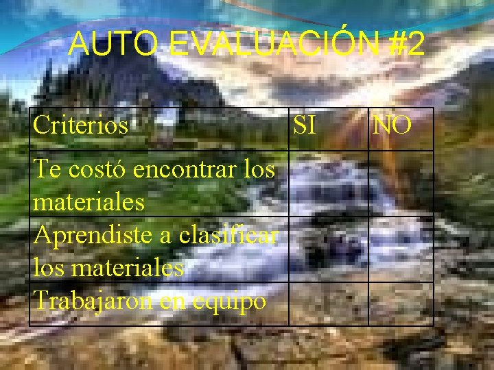 AUTO EVALUACIÓN #2 Criterios Te costó encontrar los materiales Aprendiste a clasificar los materiales