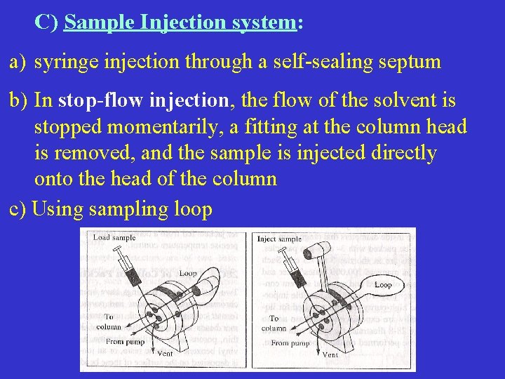 C) Sample Injection system: a) syringe injection through a self-sealing septum b) In stop-flow