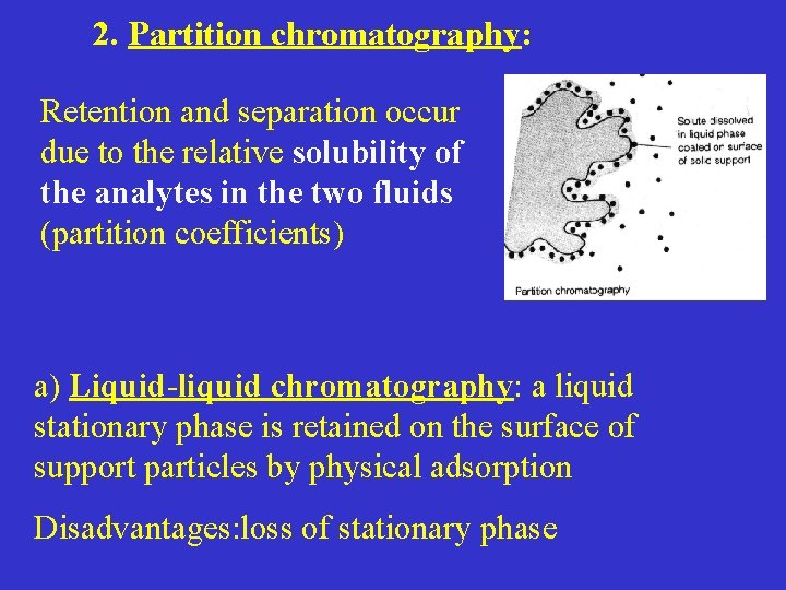 2. Partition chromatography: Retention and separation occur due to the relative solubility of the