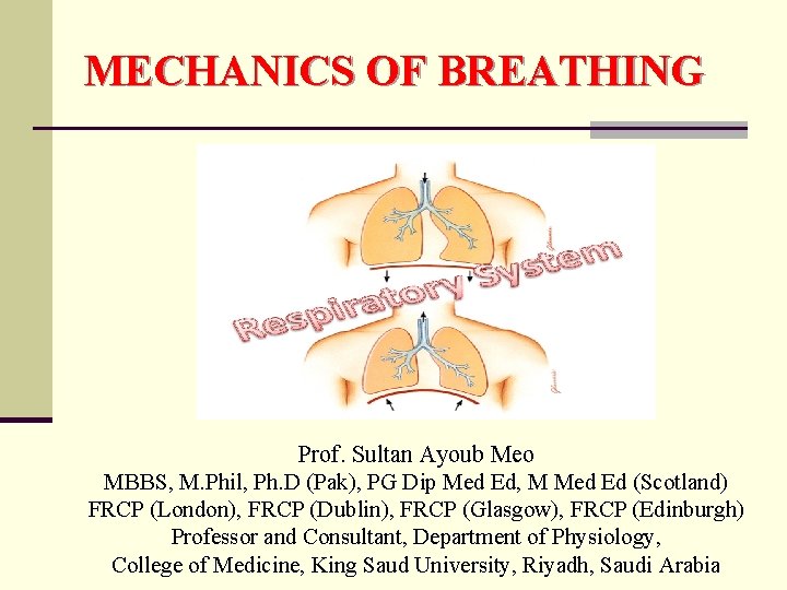 MECHANICS OF BREATHING Prof. Sultan Ayoub Meo MBBS, M. Phil, Ph. D (Pak), PG