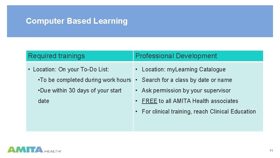 Computer Based Learning Required trainings Professional Development • Location: On your To-Do List: •