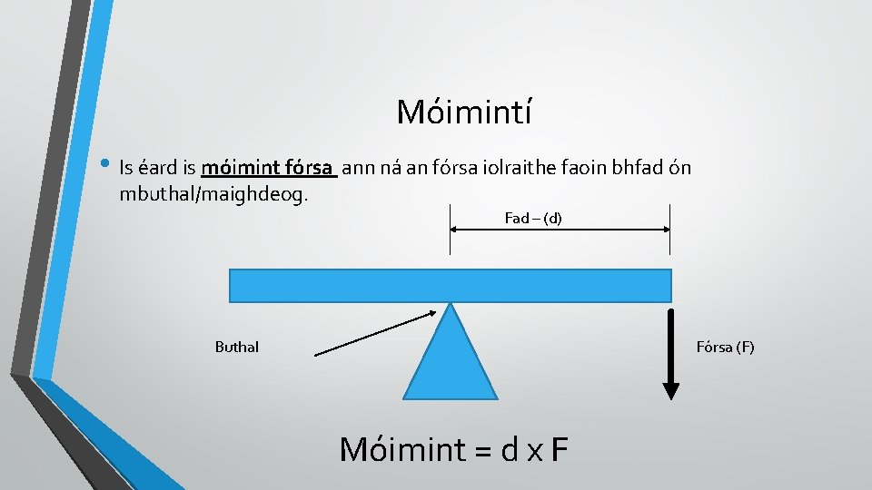 Móimintí • Is éard is móimint fórsa ann ná an fórsa iolraithe faoin bhfad