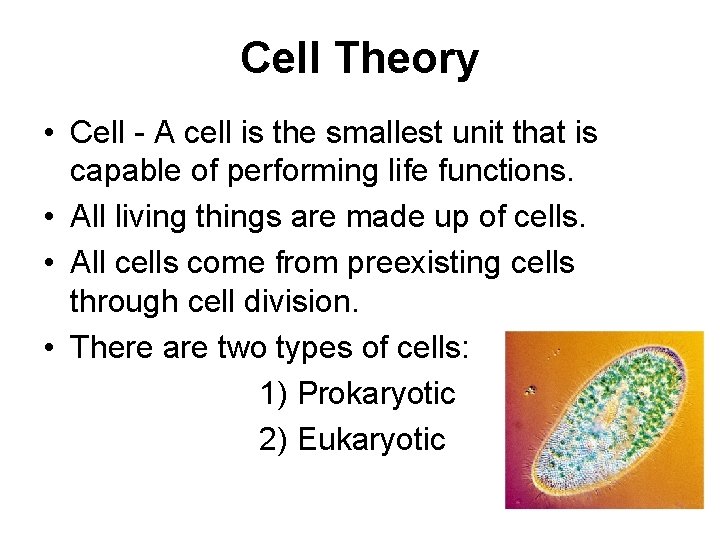 Cell Theory • Cell - A cell is the smallest unit that is capable