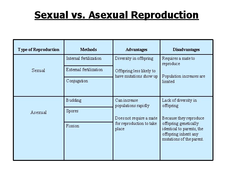 Sexual vs. Asexual Reproduction Type of Reproduction Sexual Methods Internal fertilization Diversity in offspring