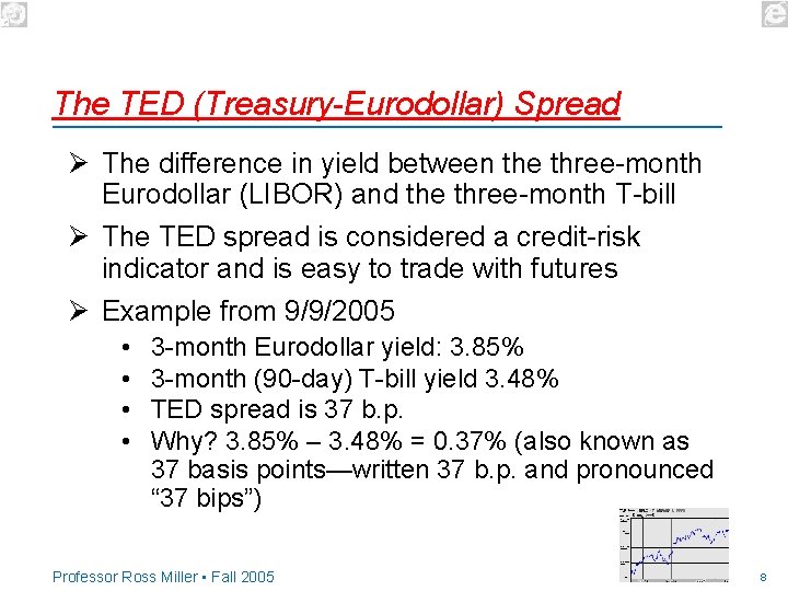 The TED (Treasury-Eurodollar) Spread Ø The difference in yield between the three-month Eurodollar (LIBOR)