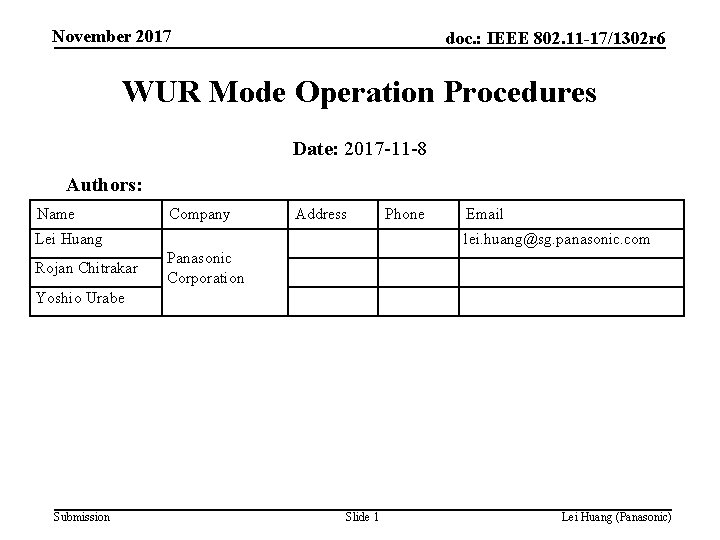 November 2017 doc. : IEEE 802. 11 -17/1302 r 6 WUR Mode Operation Procedures