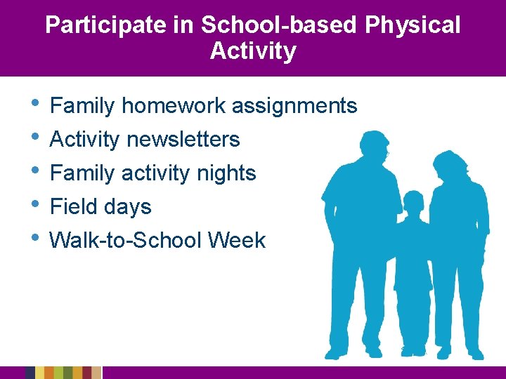 Participate in School-based Physical Activity • Family homework assignments • Activity newsletters • Family