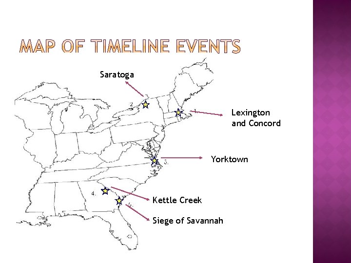 Saratoga Lexington and Concord Yorktown Kettle Creek Siege of Savannah Saratoga Lexington and Concord Yorktown Kettle Creek Siege of Savannah