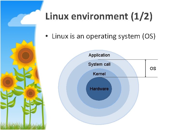 Linux environment (1/2) • Linux is an operating system (OS) Application System call Kernel