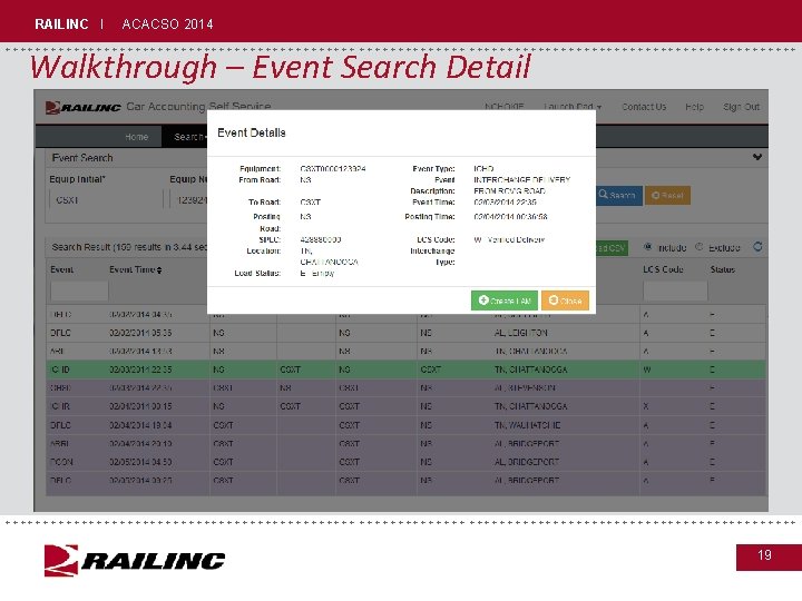 RAILINC I ACACSO 2014 Walkthrough – Event Search Detail ++++++++++++++++++++++++++++++++++++++++++++++ +++++++++++++++++++++++++++++++++++++++++++ 19 